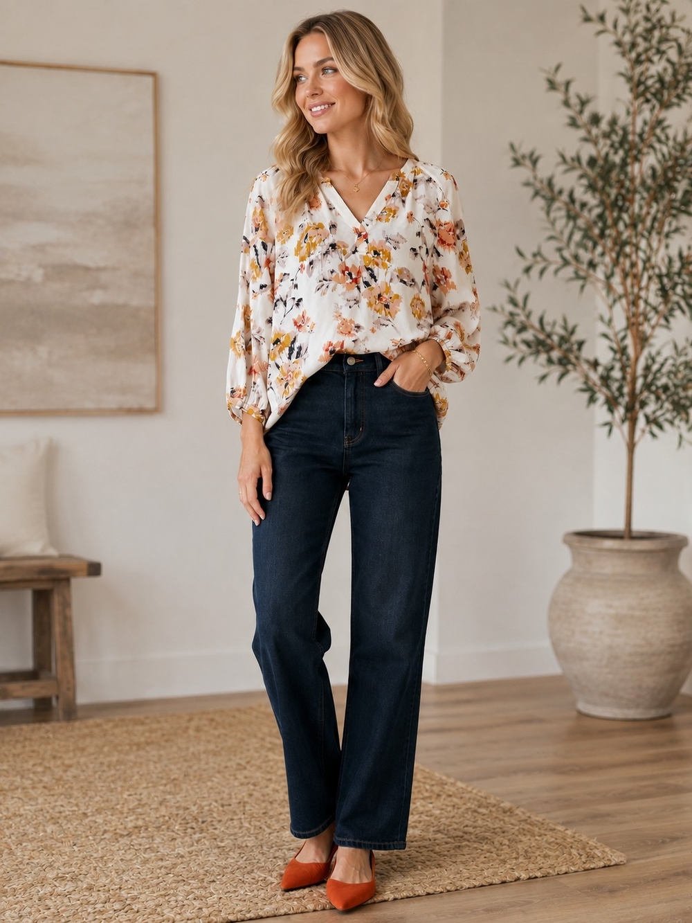 Part Two Floral V-Neck 3/4 Sleeve Blouse